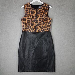Joseph Ribkoff Leopard Print Dress Women's 14 Faux Leather Stretch Office Zip Up